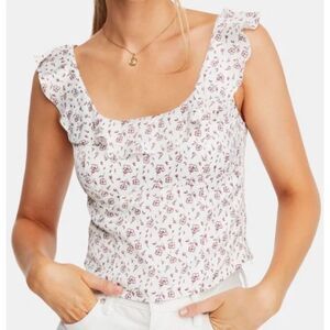 Free People Stay With You red + white Floral Rouched Ruffle Prarie Top, size S